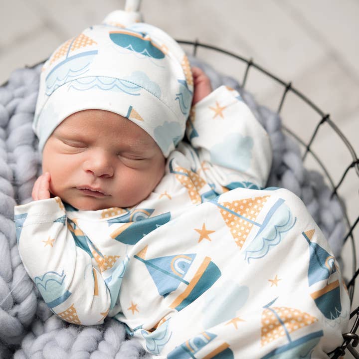 Adorable Sweetness - Wholesale Babygown - Baby - Infant Unisex Blue Sail Boat Baby Gown and Hat Set3