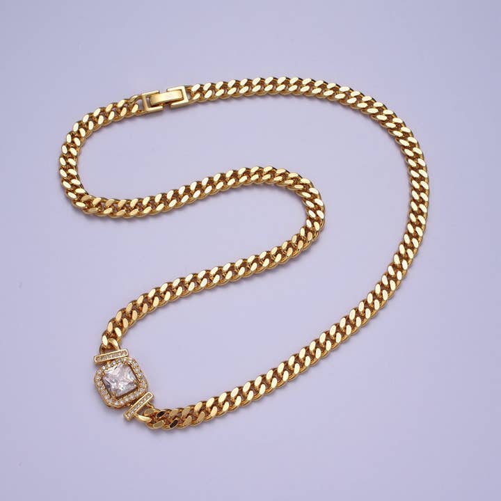 Aim Eternal - Wholesale Link & Chain Necklace - Gold 18 Inch Micro Paved Baguette CZ Flat Curb Link Chain Necklace | WA-1200 -- WA-1218