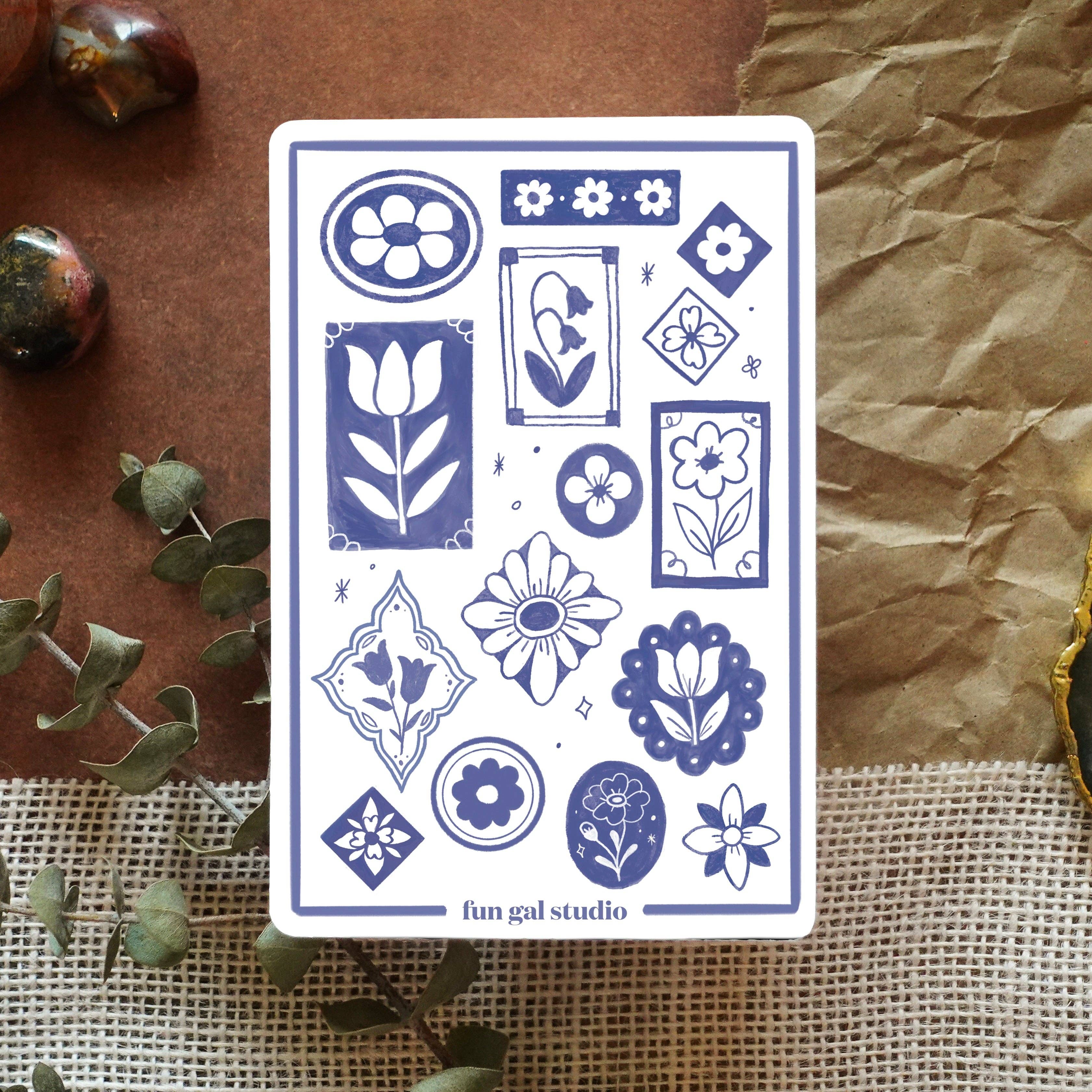 Fun Gal Studio - Wholesale Sticker - Blue Vintage Florals - Sticker Sheet1