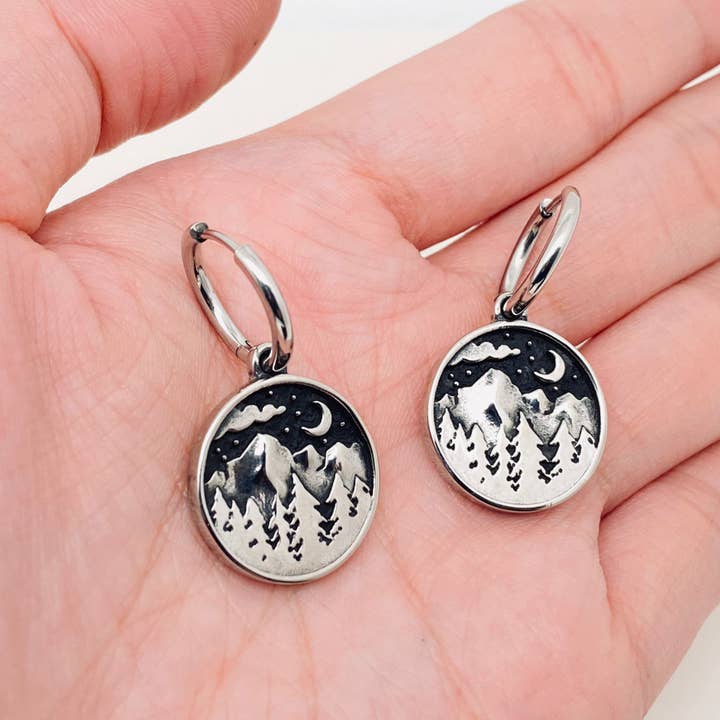 Vintage Mountains Starry Stainless Steel Huggie Earrings -MS for wholesale by Mio Queena