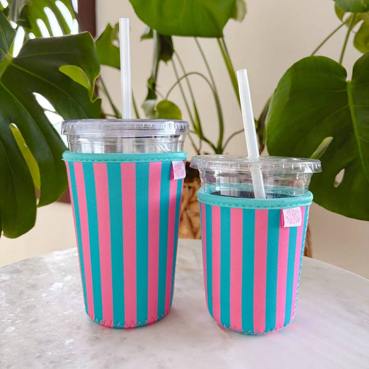 Coffee Cup Cover - Pink & Blue Stripes - Iced Drink Sleeve for wholesale by Elle Nicole