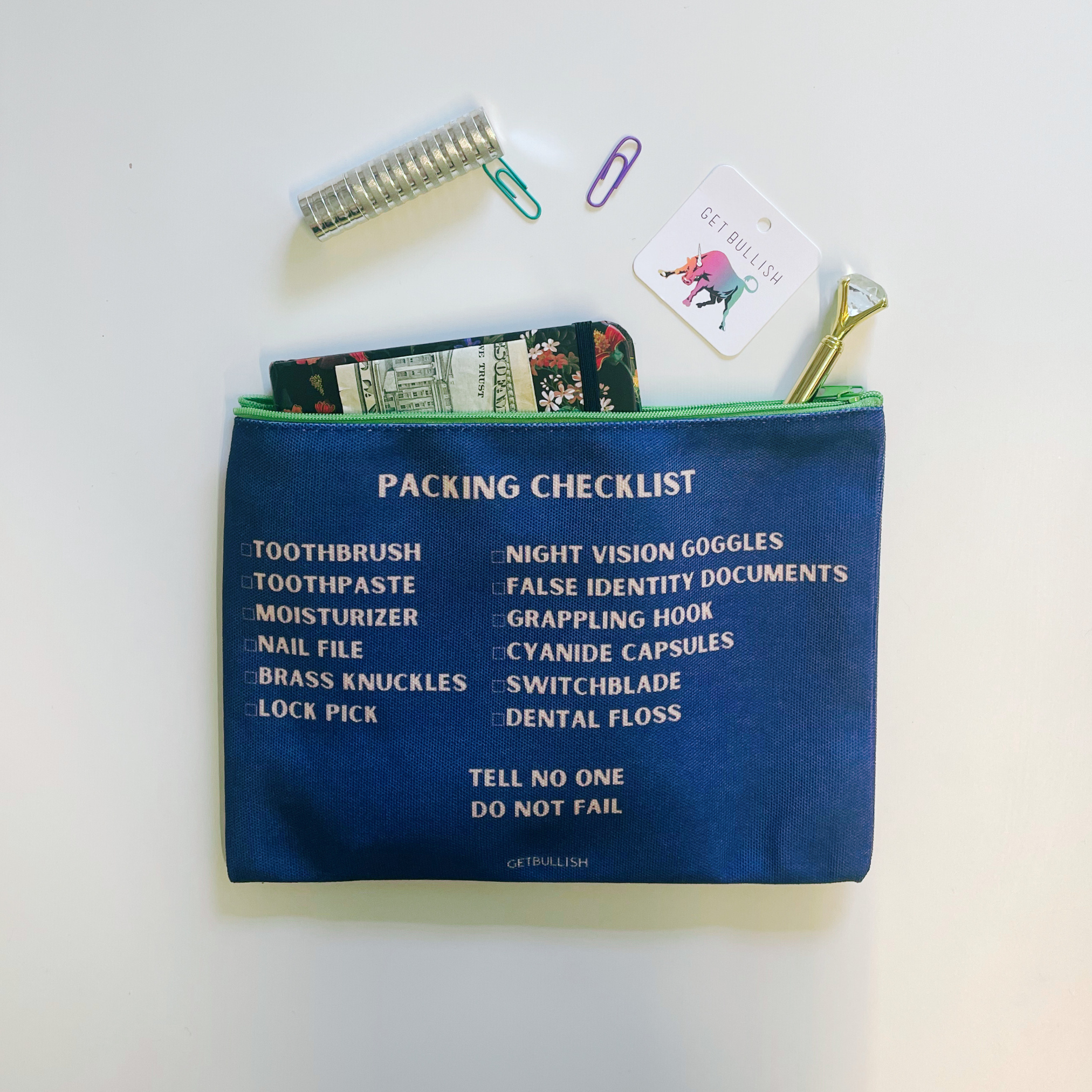 GetBullish - Wholesale Pencil Case/Pouch - GetBullish Secret Agent Packing Checklist Canvas Zipper Pouch 9.5" x 7" | Cosmetics Bag or Pencil Case4