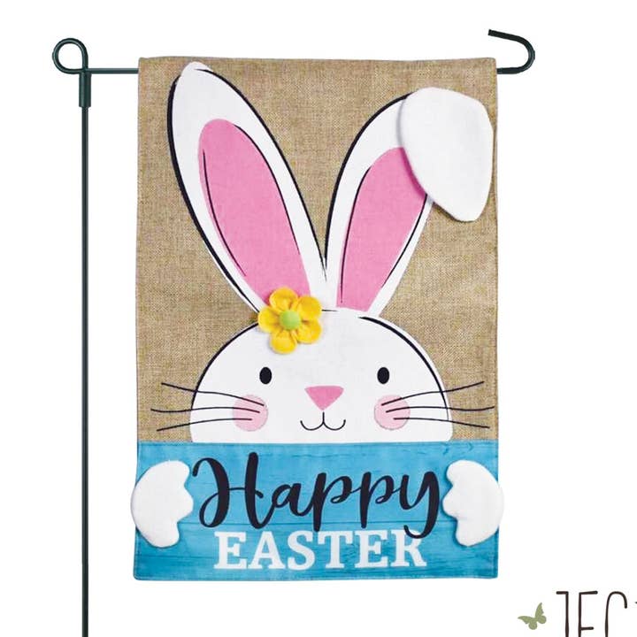 Bunny With Happy Easter Sign Burlap 2-Sided Garden Flag 12.5 for wholesale by JEC Home Goods Inc