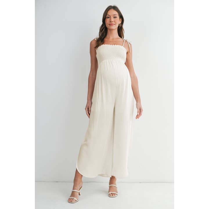 Smocked Maternity Wide Leg Jumpsuit with Adjustable Strap for wholesale by Hello Miz
