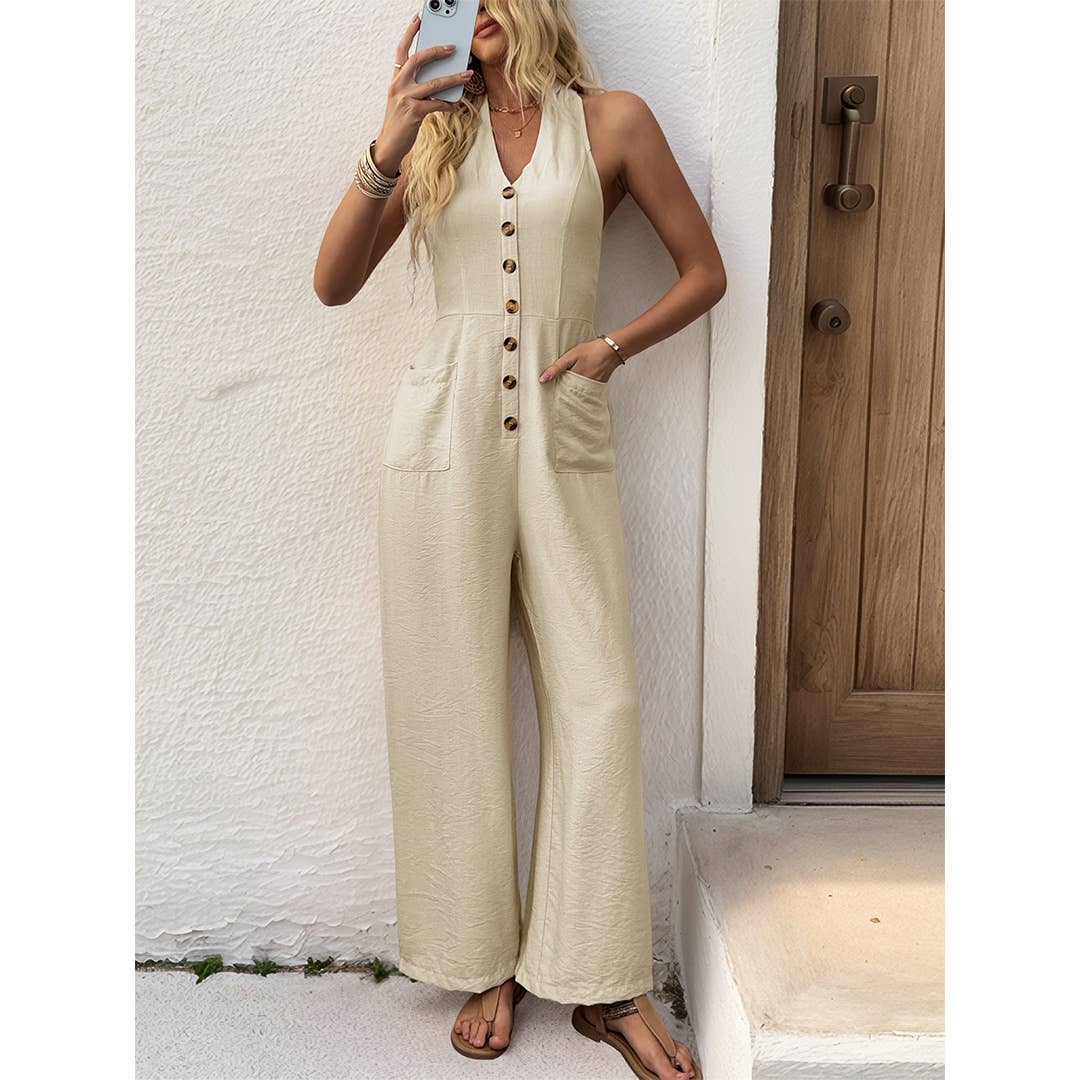 Caqui Mono casual de pierna ancha, adelgazante, con cuello halter y diseño sólido BFZY1438 de venta al por mayor en Faire