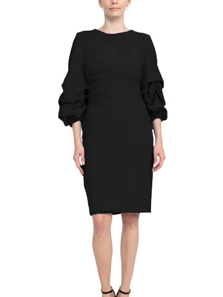 Vestido Alberto Makali de crepé liso con cuello redondo, manga 3/4, espalda redonda y cremallera en la espalda para venta al por mayor de Immediate Apparel