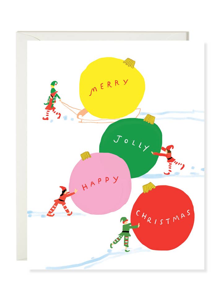 Elves Pushing Ornaments - Classic Holiday Card for wholesale by Karen Schipper