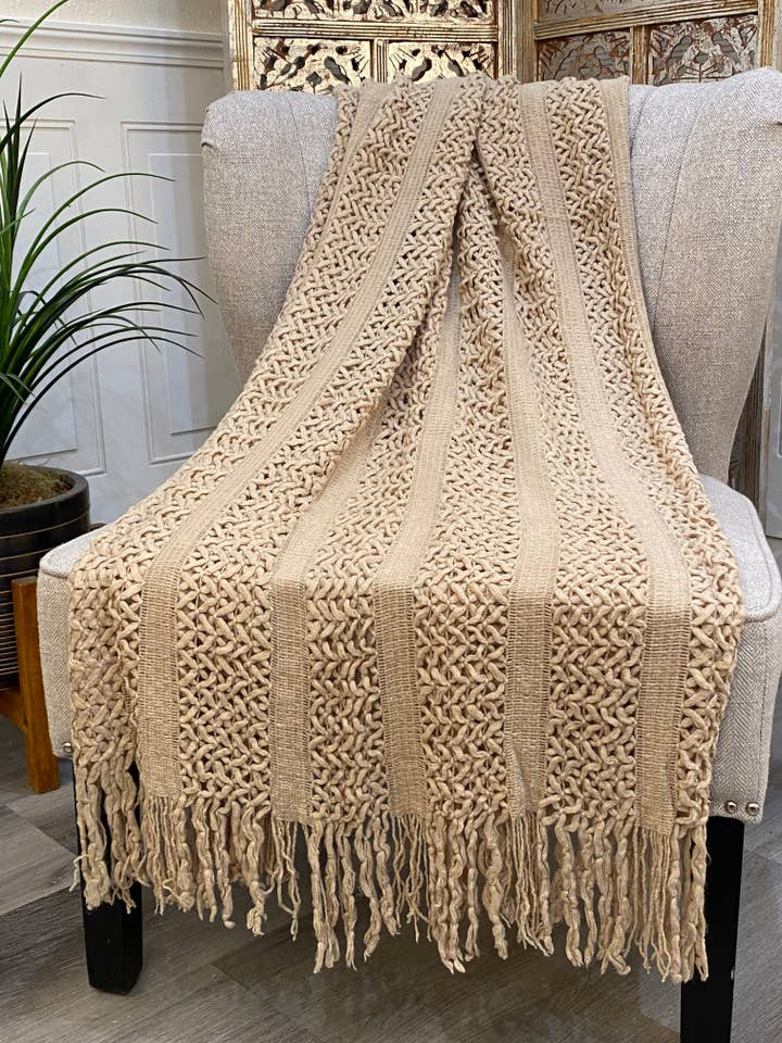 Highgrove - Throw Blanket - Acrylic 60" X 50" Cantal Collection - Latte for wholesale by Elite Home Fashions
