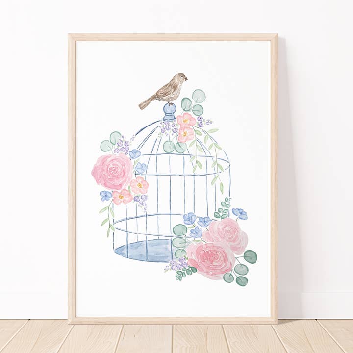 Floral Watercolor Bird Cage Art Print for wholesale by White Clover Paper Co.
