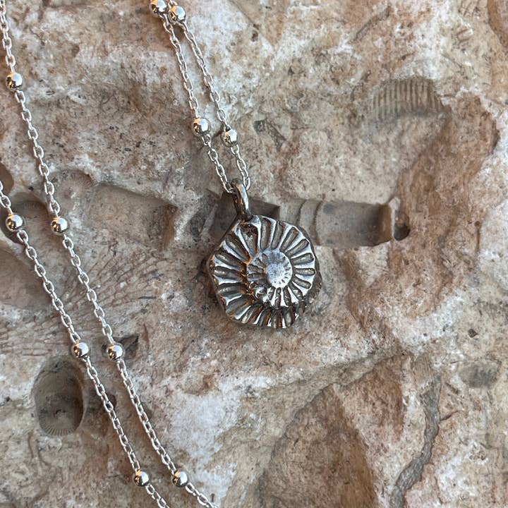 Ammonite Fossil Hexagonal Necklace -18” Chain (SS, Brz, Cpr) for wholesale by Ozark Impressions Jewelry