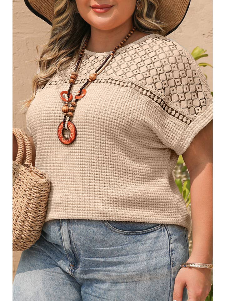 Oatmeal Plus Size Lace Waffle Patchwork Summer Top for wholesale on Faire
