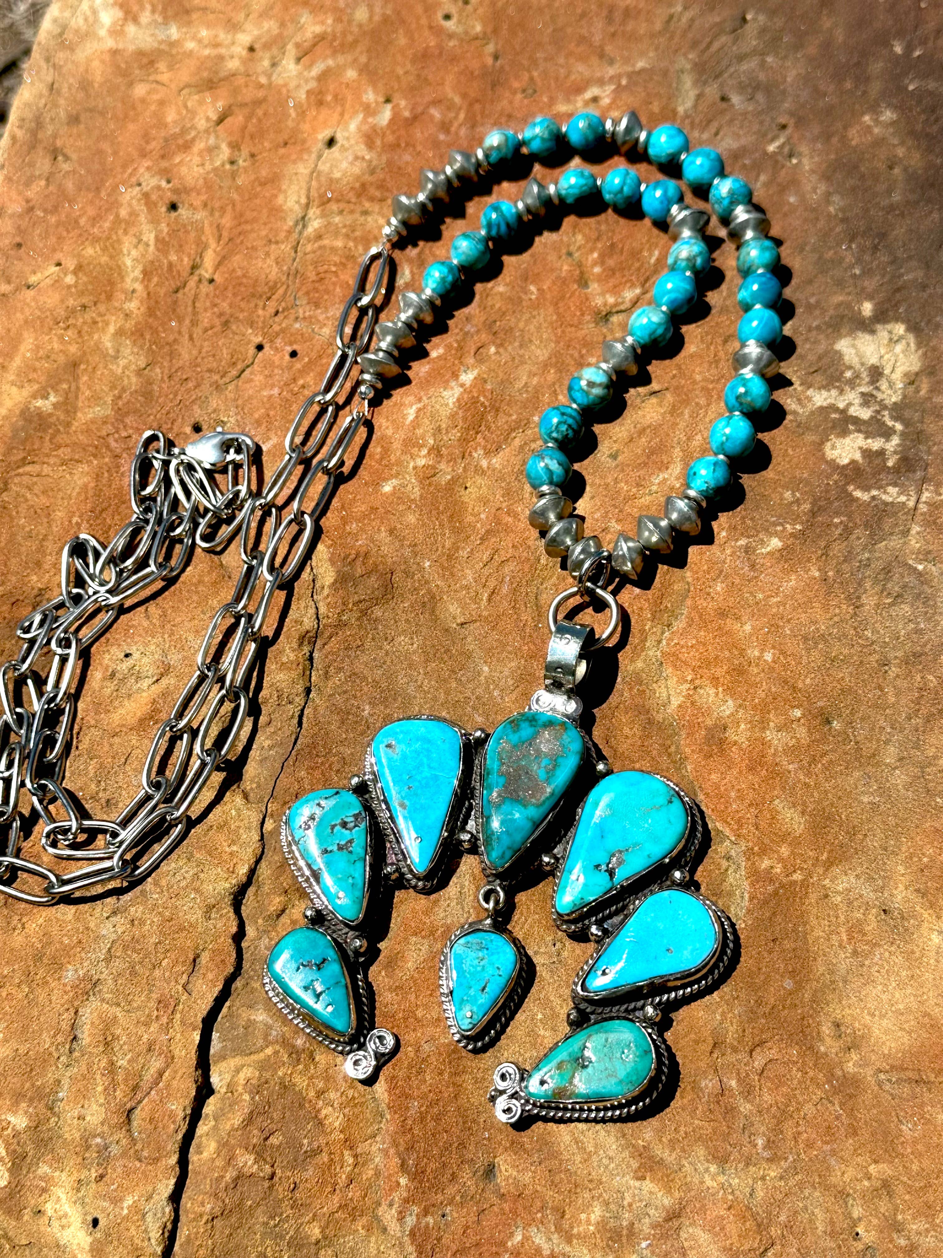 Fleurdesignz Western Jewelry - Wholesale Pendant/Charm Necklace - Adjustable Squash Blossom Necklace, Natural Blue Turquoise4