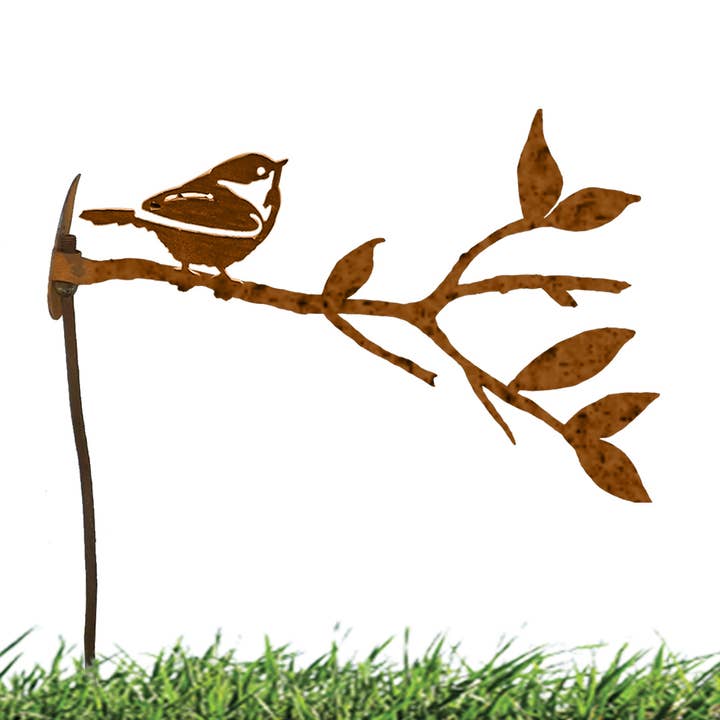 Rust Fat Chickadee on Branch Garden Art W/Stake for wholesale by California Home & Garden