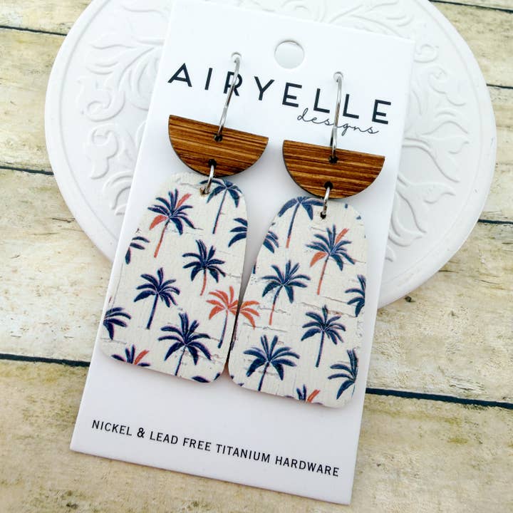 Palm Haven Cork + Leather Earrings - Titanium for Sensitive Ears for wholesale by Airyelle Designs
