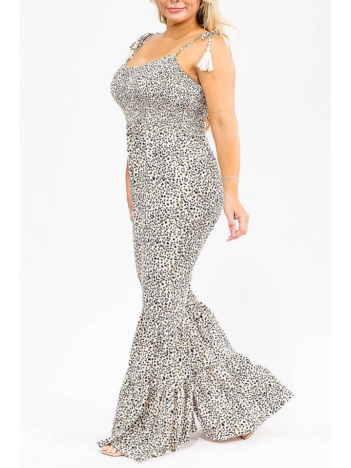 IVORY LEOPARD SLEEVELESS V-NECK ANIMAL PRINT BELL LEG JUMPSUIT for wholesale on Faire1