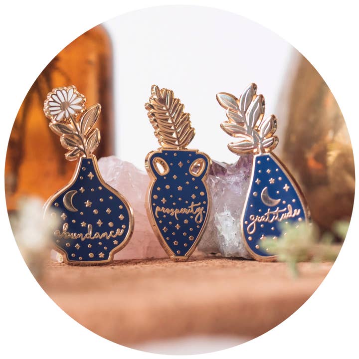 ABUNDANCE VASE ENAMEL PIN SET, BLUE AND GOLD for wholesale by CLEOMAGICK