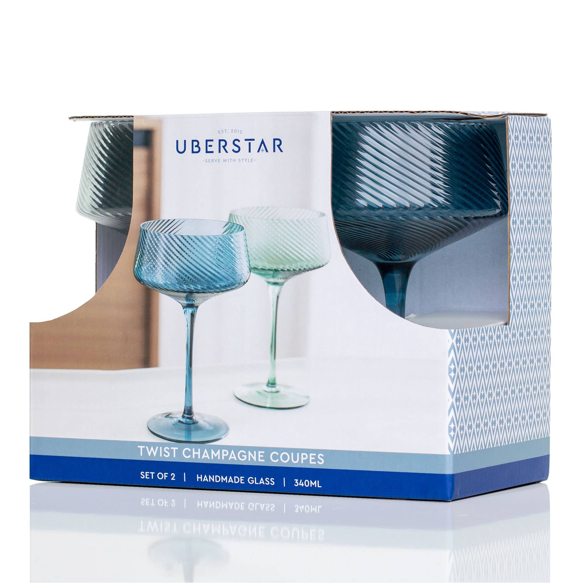 UBERSTAR – wholesale Champagne flute – Twist Champagne Coupe Glasses - Set of 2 Blue/Green2