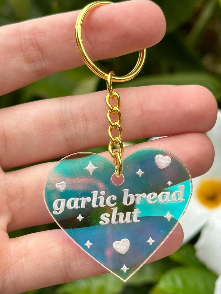 Garlic Bread Slut Iridescent Acrylic Keychain for wholesale by ShlemonArt