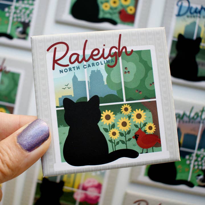 Raleigh North Carolina Window View Cat Fridge Magnet for wholesale by Chester and Pearl