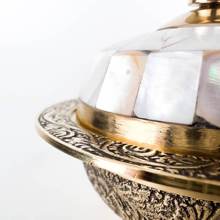 GREENROOTS USA LLC - Wholesale Decorative Plate/Dish/Bowl - Brass Mother Of Pearl Carved Bowl With Lid - 3.5"D, 3"H9