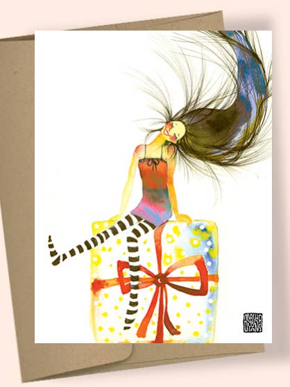 GIRL ON GIFT WATERCOLOR GREETING CARD for wholesale by Studio Masha D'yans