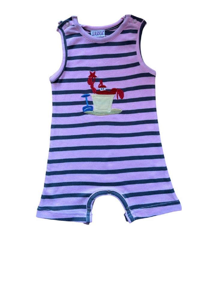 Body de alças em rosa às riscas em cinzento e design bordado de caranguejo por atacado de Sandra Adrubau