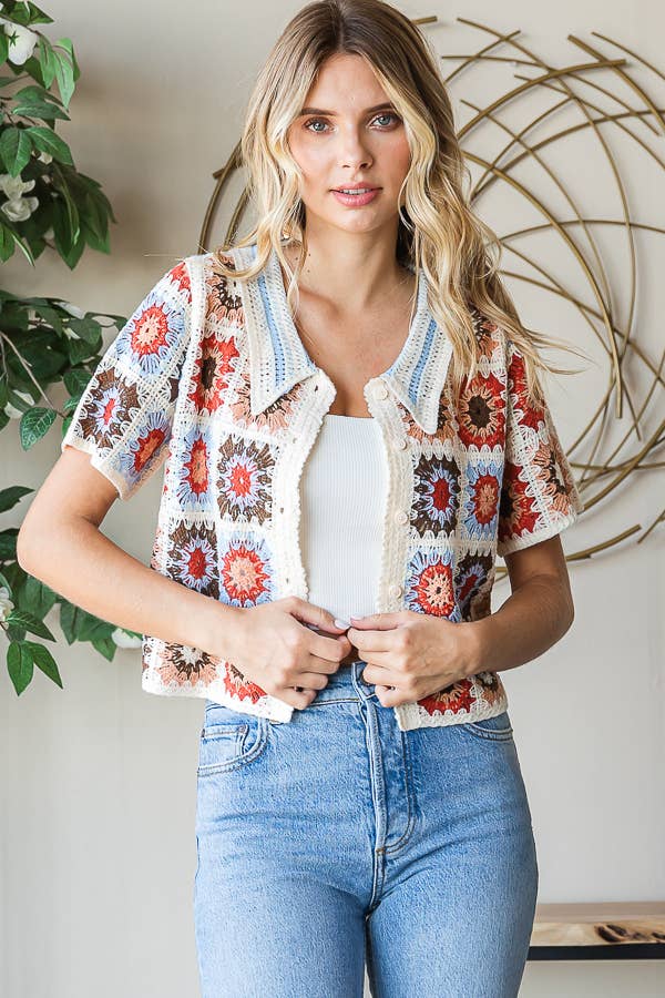 miroh - Vente Haut en maille – femme - Haut boutonné en crochet à motif floral3