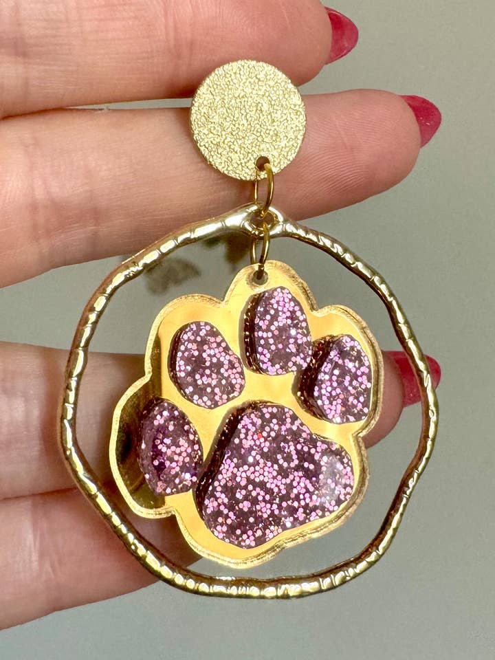 Purple & Gold Football Sports Paw Earrings for wholesale by Louie Love
