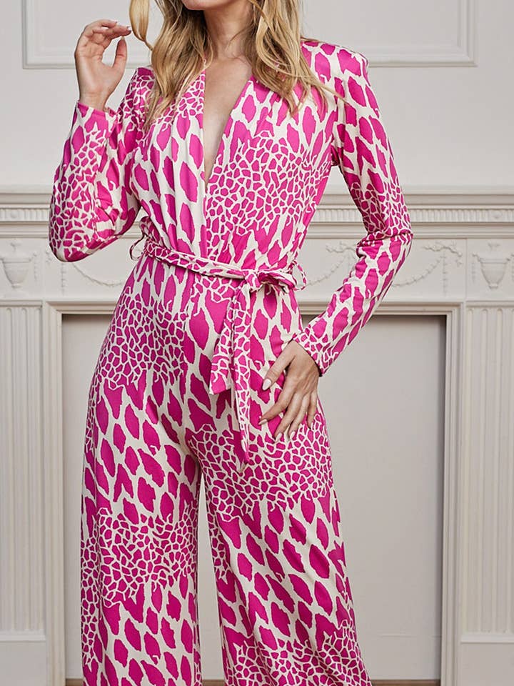 ANGELEYE - Wholesale Jumpsuit - Women's - Plunge Neck Wide Leg Long Sleeve Jumpsuit in Pink Leopard3