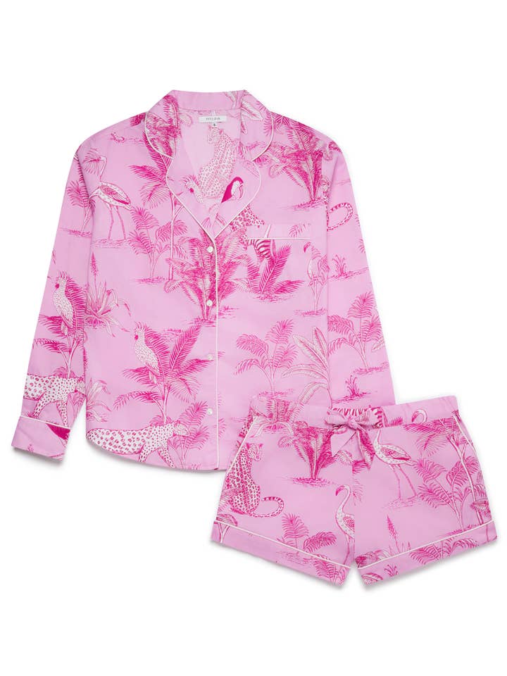Commodities Trading (UK) Limited – Großhandel Schlafanzug-Set – Damen – Rosa Dschungel Damen Bio-Baumwolle Langarm-Pyjama-Shorts-Set