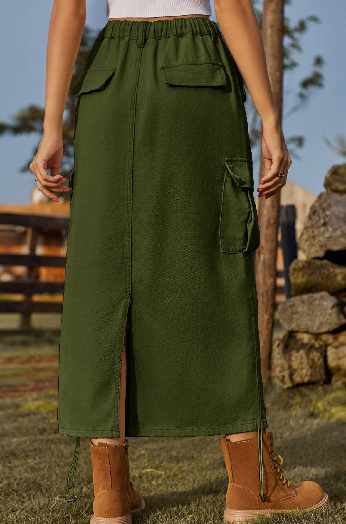 HIDDENBRAND - Wholesale Skirt - Women's - Drawstring Denim Cargo Skirt Casual Midi Skirt3