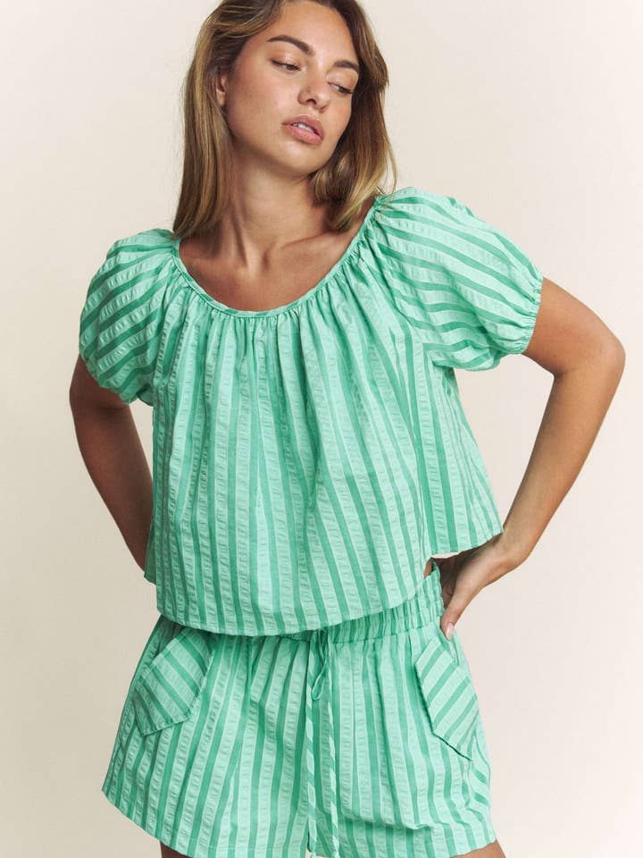 GREEN STRIPED ROUND NECK AND MATCHING SHORTS SET for wholesale on Faire