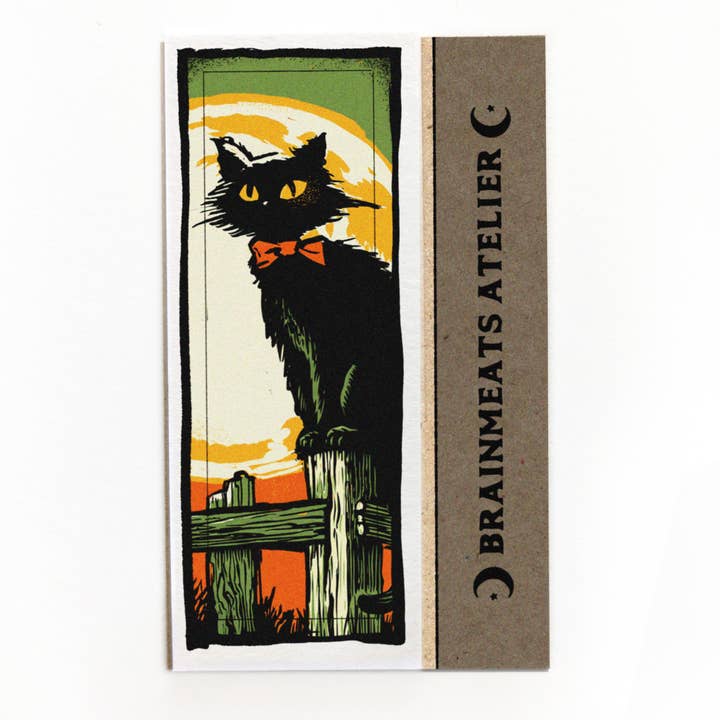 On the Fence – Witchy Halloween Black Cat Bookmark for wholesale by Brainmeats Atelier