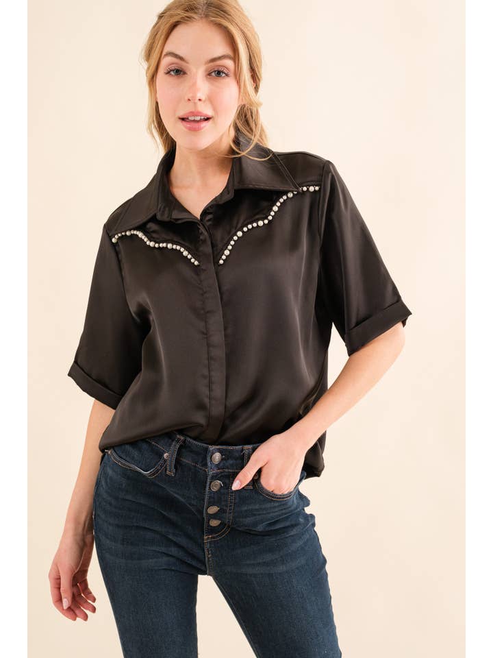 AND THE WHY - Wholesale Button Down Shirt - Women's - ATW15026 - Satin Faux Pearl Oversized Half Sleeve Shirts
