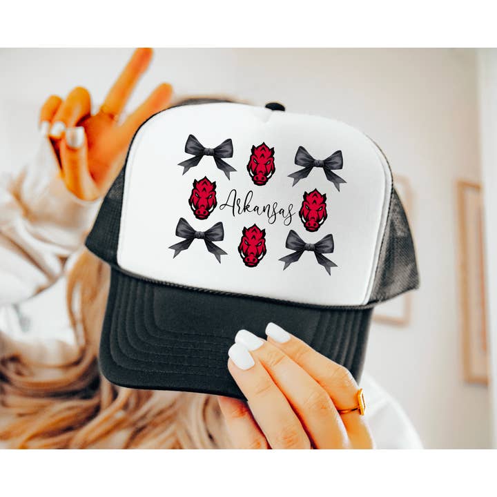 Gia Gifts Boutique - Wholesale Trucker Hat - Women's - Arkansas Razorbacks Coquette Bows Trucker Hat Football