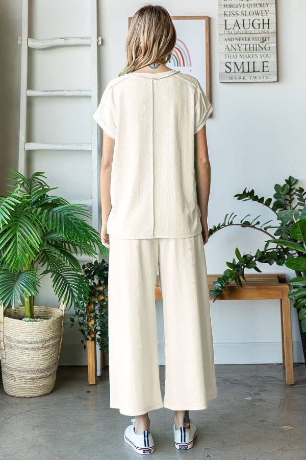 7th Ray - Wholesale Loungeset - Dames - Stevige Getextureerde Korte Mouw Wijde Pijpen Broek Lounge Set TP550414