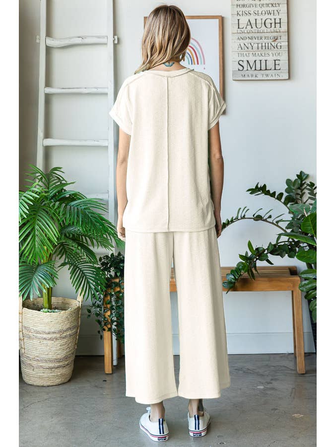 7th Ray - Wholesale Loungeset - Dames - Stevige Getextureerde Korte Mouw Wijde Pijpen Broek Lounge Set TP550414