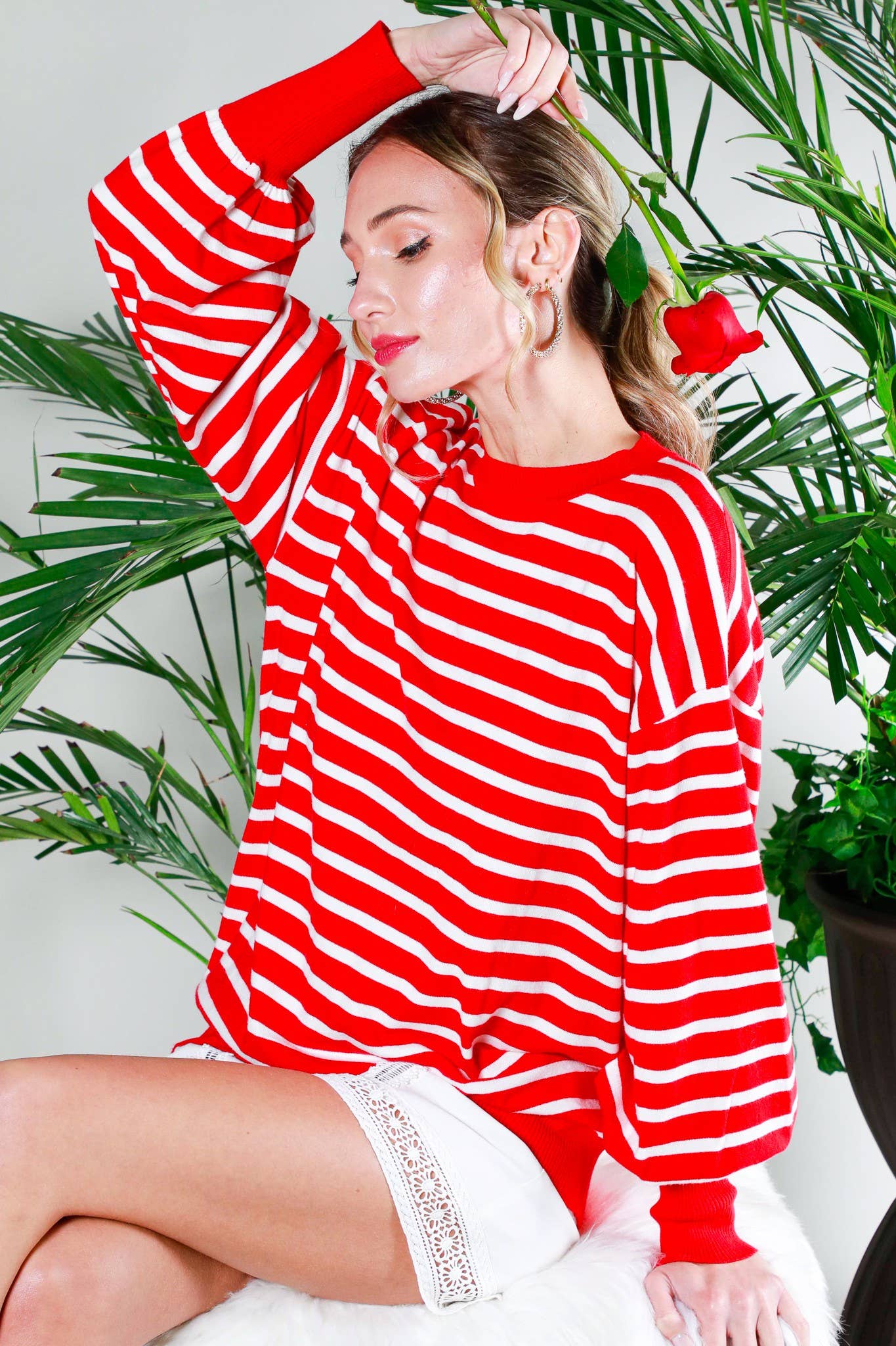 Vine & Love - Wholesale Knit Sweater - Women's - Striped Long Balloon Sleeve Knitted Sweater Top VT60387D26