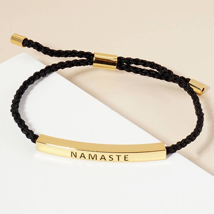 Sensibling Corp. - Wholesale Woven/Braided Bracelet - Gold Dipped NAMASTE Message Bar Pointed Rope Adjustable Cinch Pull Tie Bracelet