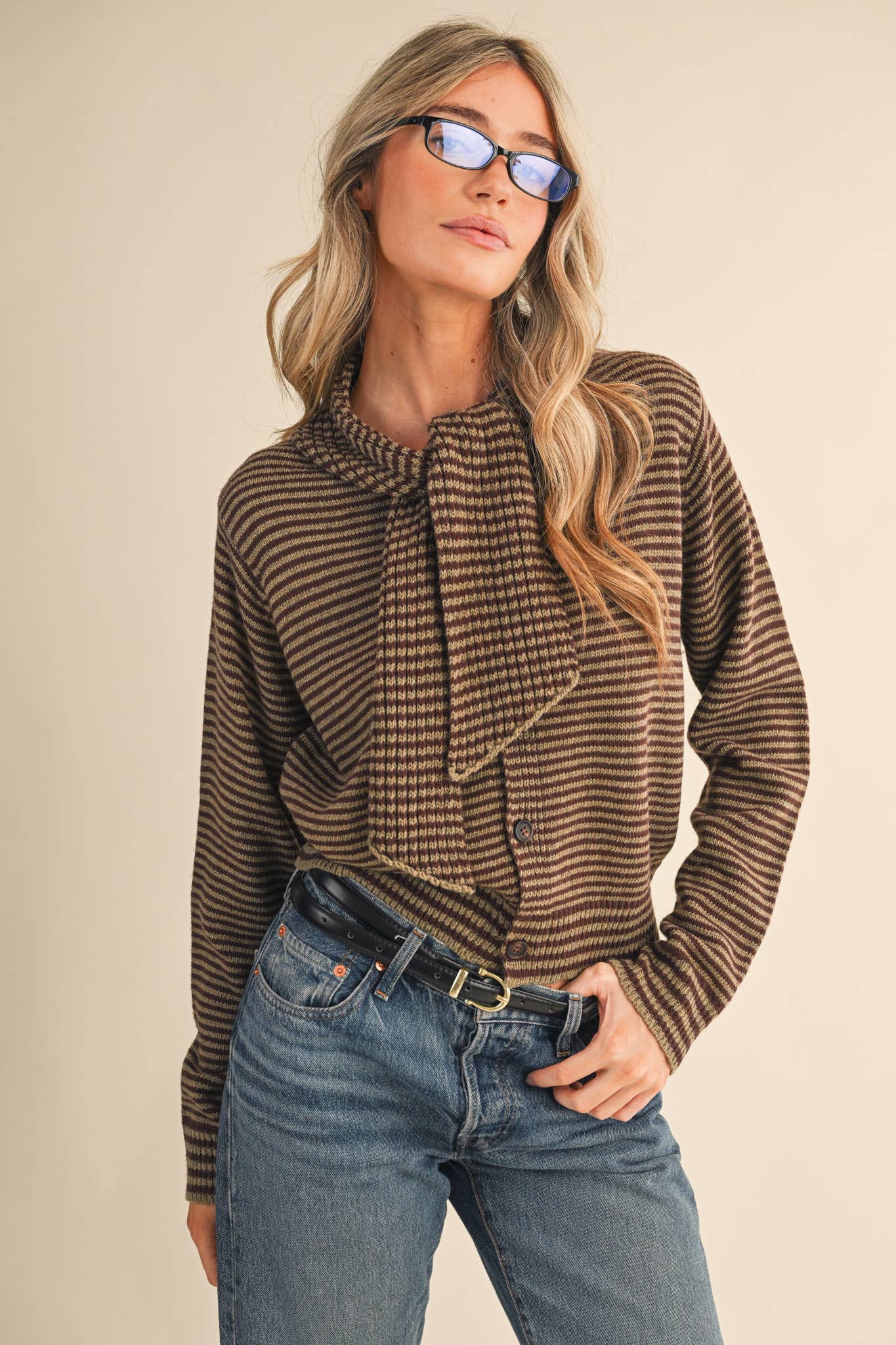 &MERCI - Wholesale Knit Sweater - Women's - STRIPED TYING NECK SWEATER CARDIGAN MSW1112538