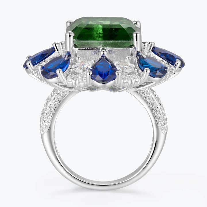 Dissoo®Asscher Cut Emerald Green Evening Ring with Blue&White Floral Cluster for wholesale by Dissoo