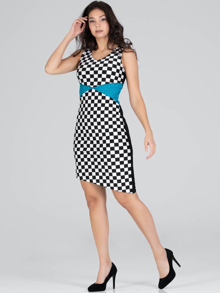 Women's Asymmetrical V-Neck Dress Checker & Turquoise Lace for wholesale by Fever1 Fashion