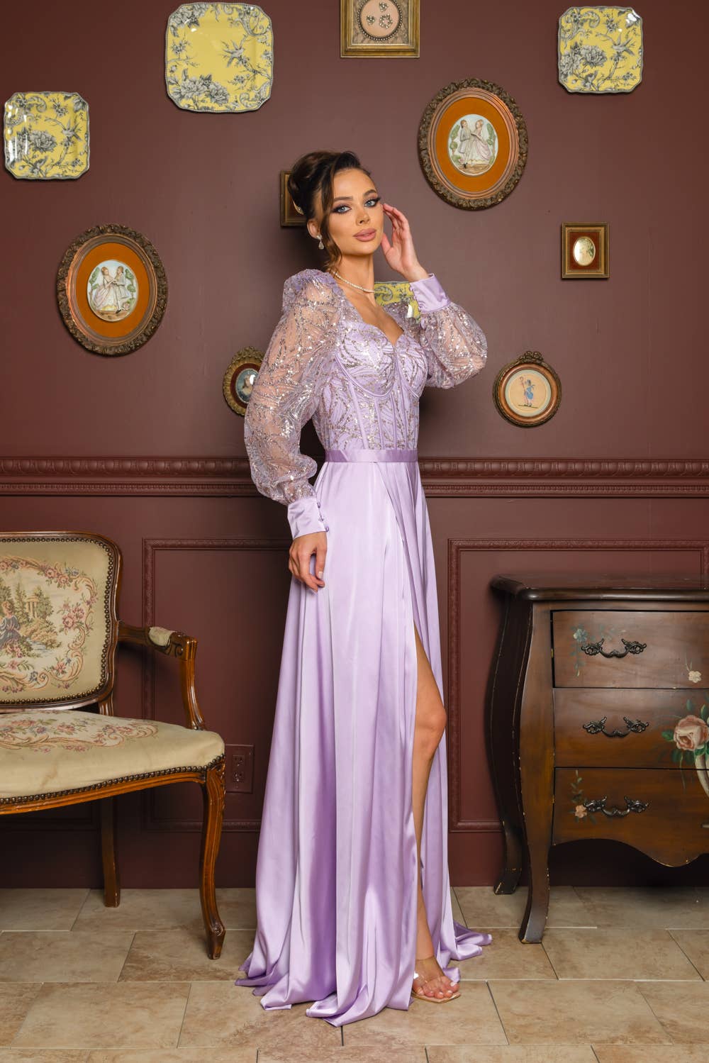 RICARICA INC. - Wholesale Gown - Women's - 2431-SOLID COLOR SATIN AND SEQUIN GLITTER MAXI DRESS1