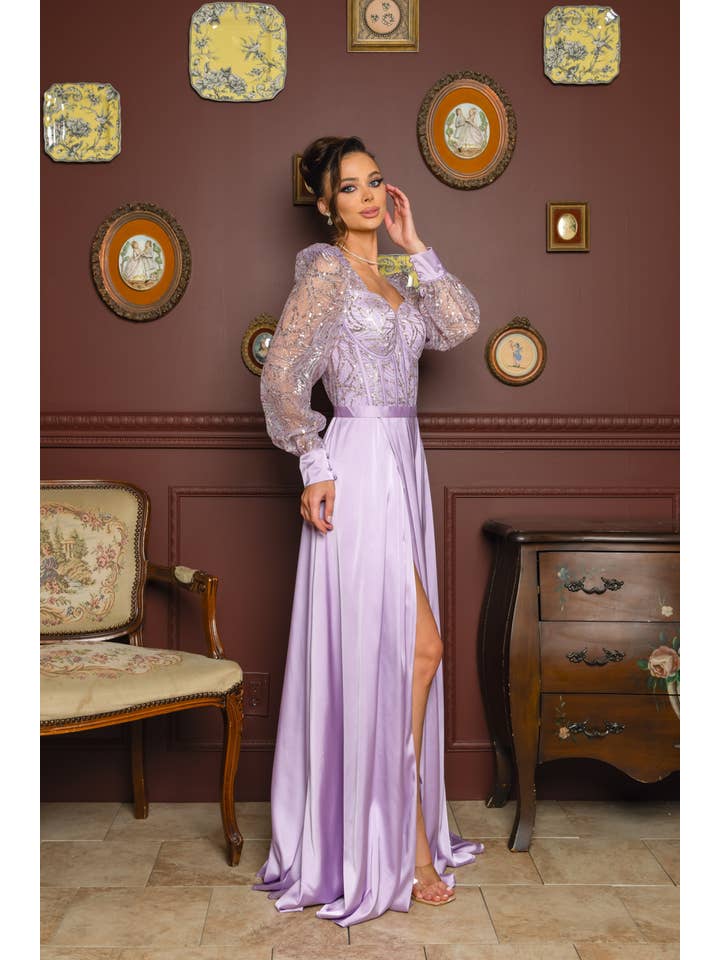 RICARICA INC. - Wholesale Gown - Women's - 2431-SOLID COLOR SATIN AND SEQUIN GLITTER MAXI DRESS1