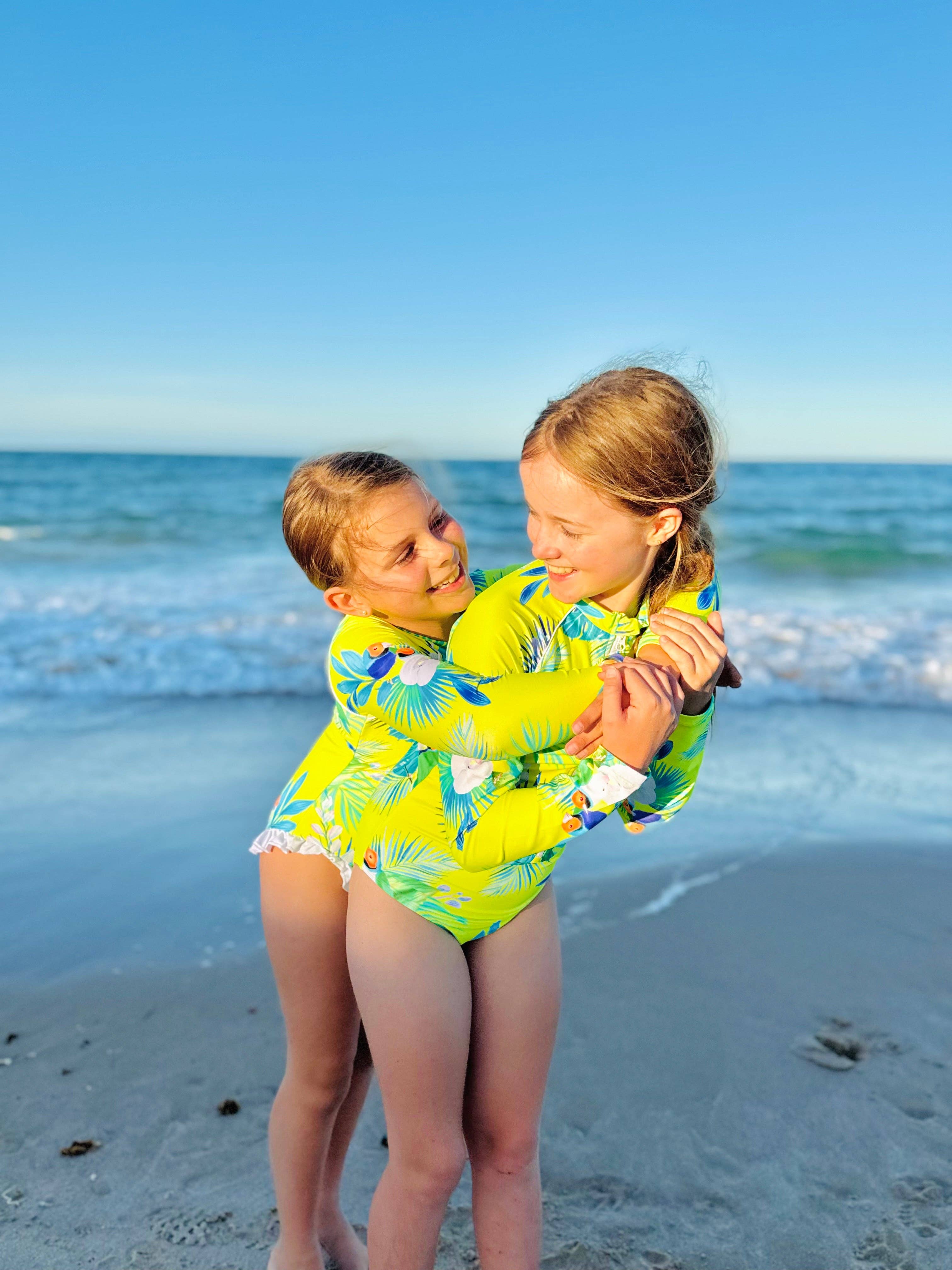 Tribe Tropical - Wholesale One Piece Swimsuit - Kids - Teenage / Tween Girl Long-Sleeve Swimsuit - Finch Fiesta | Neon YELLOW5