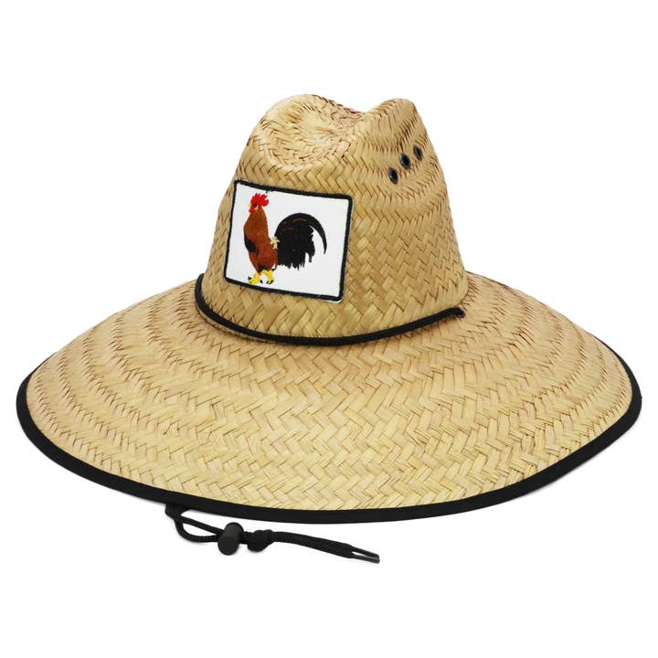 Cap Zone - Wholesale Straw Hat - Unisex - Rooster El Gallo Patch Eyelet Straw Lifeguard Hat