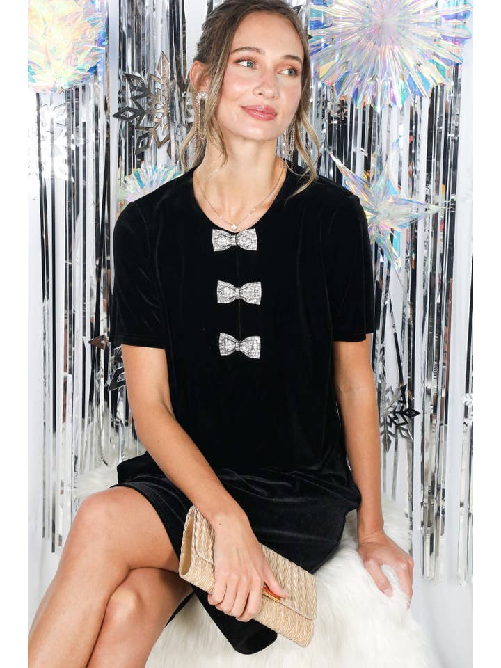 Vine & Love - Wholesale Dress - Women's - Sparkling Sequin Bow Embellished Velvet Dress VD8273713