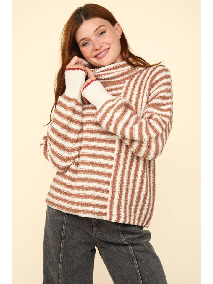 VERY J - Wholesale Knit Sweater - Women's - 12W3186N-Mock Neck Soft Striped Knit Sweater Top