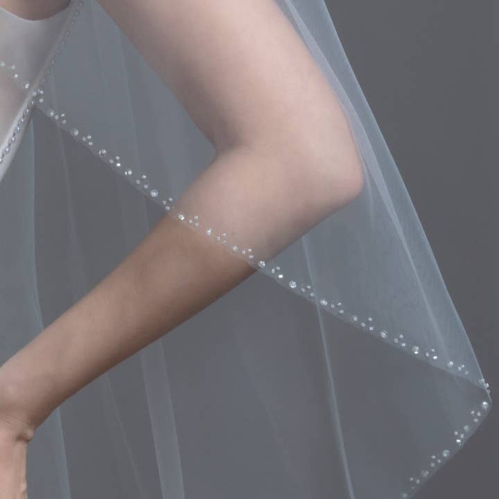 FS6390 Krystalperler Pailletkant Brudeslør 30" 36" for engroshandel hos Farinosa Bridal