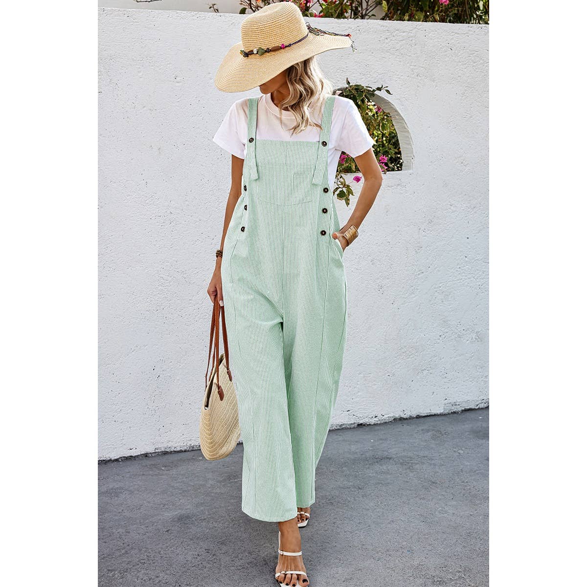 GREEN Solid Square Neck Button Trim Pockets Jumpsuit for wholesale on Faire1